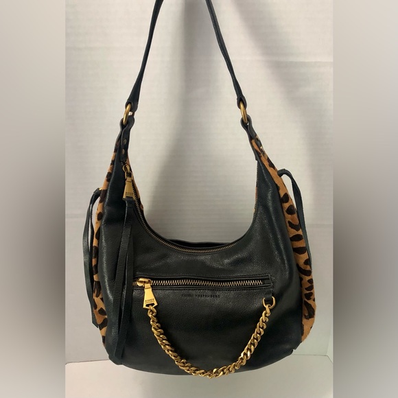Aimee Kestenberg Black Leather Hobo Leopard Print Bag Purse -No B.S.. - Picture 1 of 13